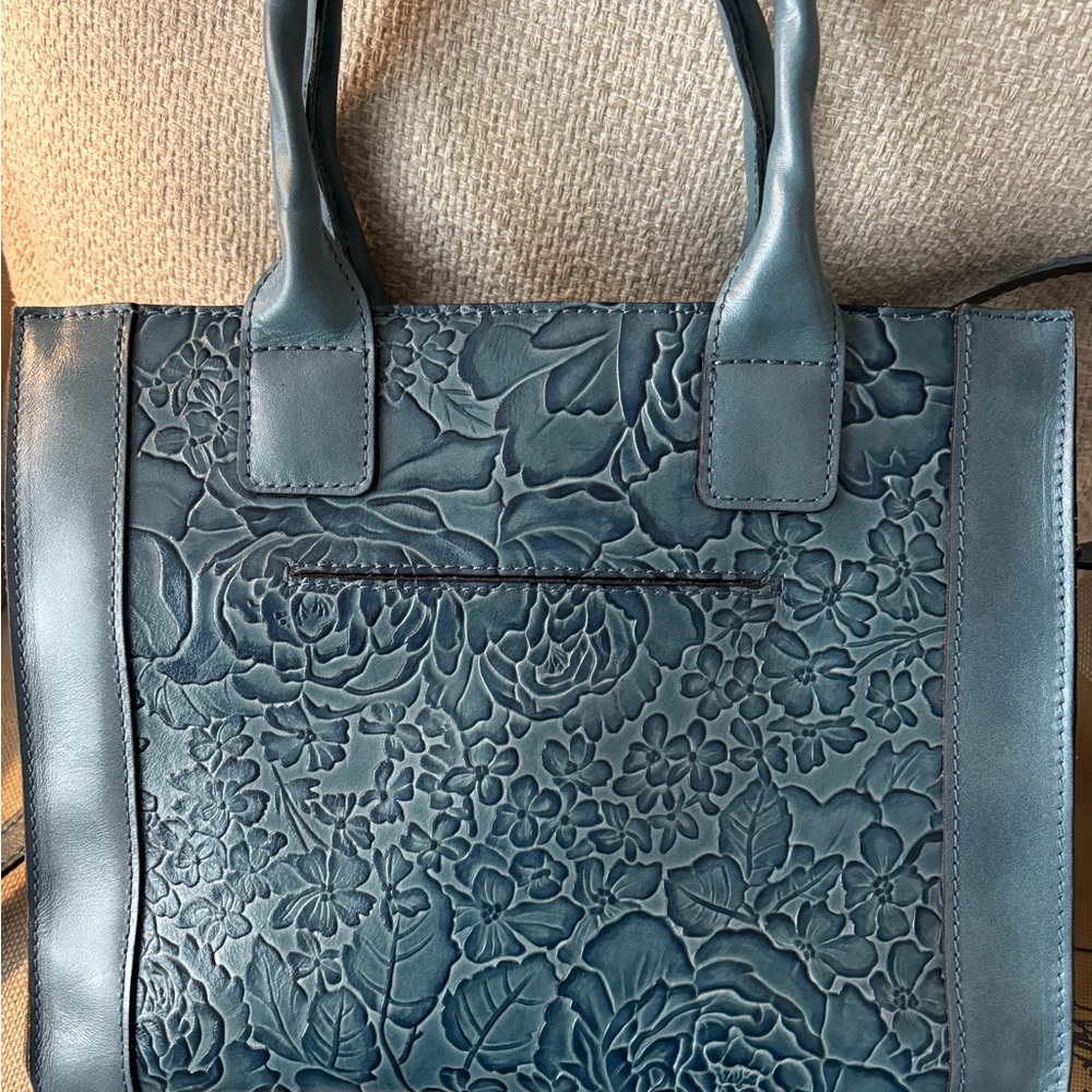 Used twice, Patricia Nash Teal Embossed Floral Leather Crossbody Tote